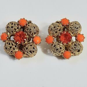 Vintage 50s Clip On Earrings Vibrant Orange Glass Stones